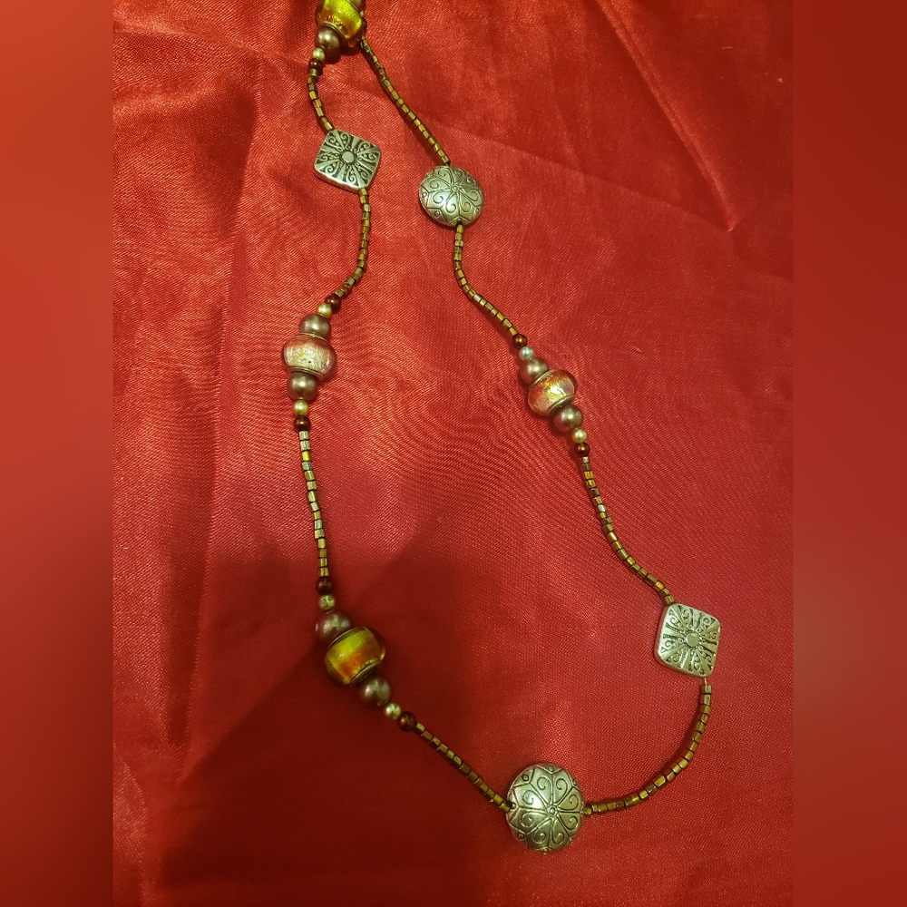 Handmade Glass Bead And Metal Accent 15.5" Boho Statement Necklace One-of-a-kind